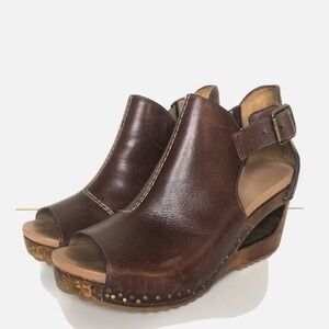 Dansko Brown Leather Open-Peep Toe Wedge Sandals with Buckle